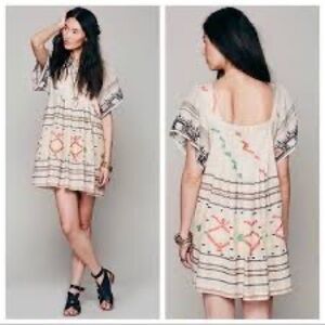 Free People New Romantics Rio Embroidered Pleated Boho‎ Mini Dress Cream Large